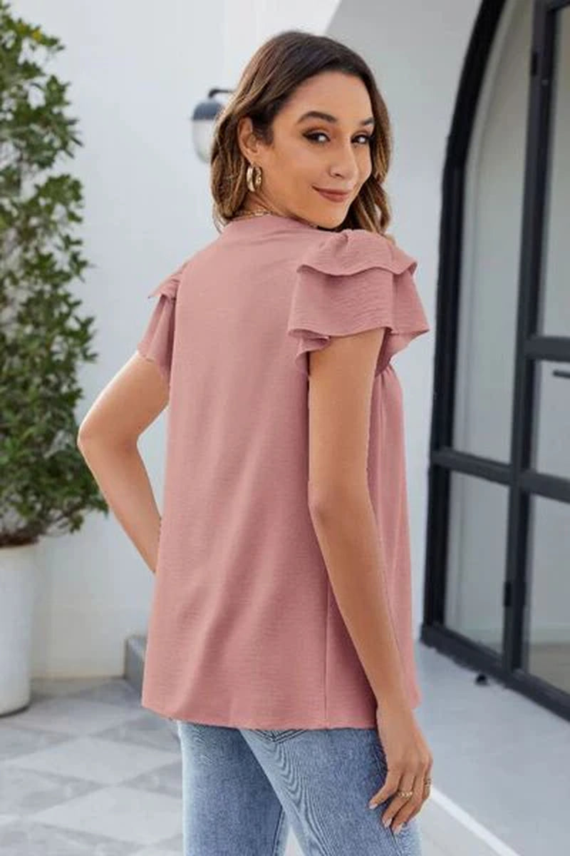 Ruffled Notched Short Sleeve Blouse