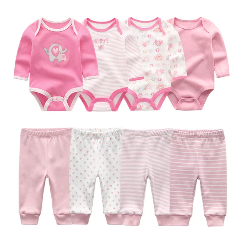 2022 Cotton 6/8PCS Newborn Baby Boy Clothes 0-12M Autumn Bodysuits+Pants Boys Baby Clothing Sets Full Sleeve Baby Girl Clothes