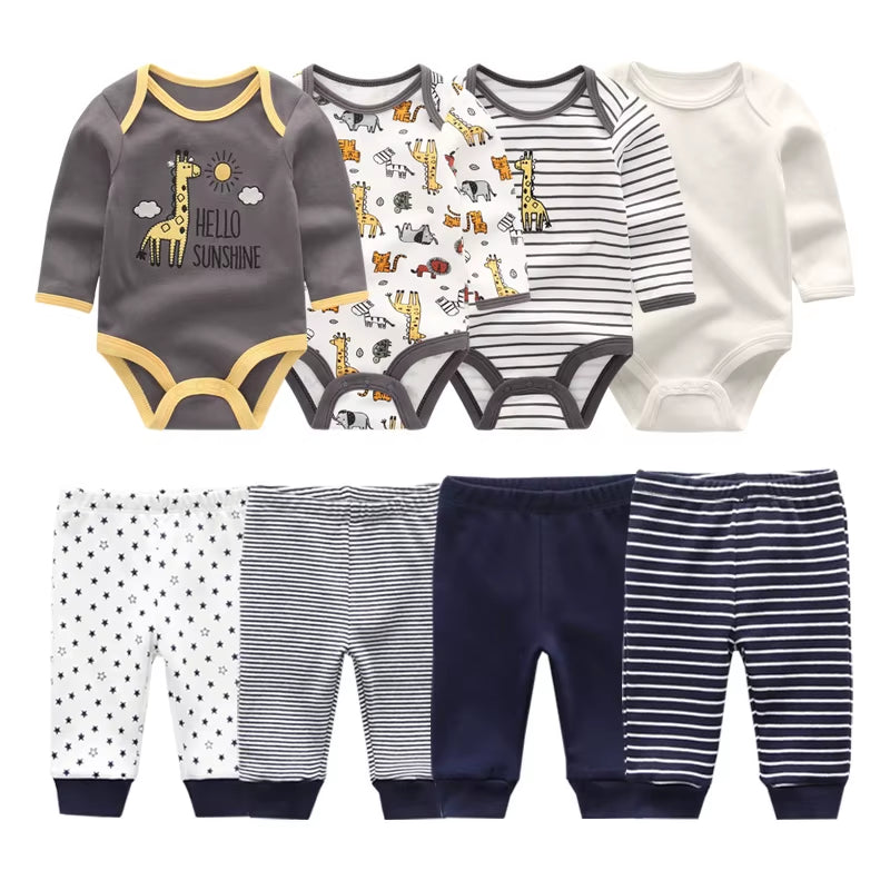 2022 Cotton 6/8PCS Newborn Baby Boy Clothes 0-12M Autumn Bodysuits+Pants Boys Baby Clothing Sets Full Sleeve Baby Girl Clothes