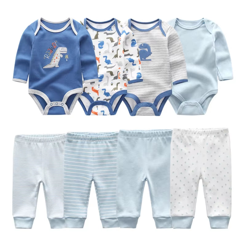 2022 Cotton 6/8PCS Newborn Baby Boy Clothes 0-12M Autumn Bodysuits+Pants Boys Baby Clothing Sets Full Sleeve Baby Girl Clothes