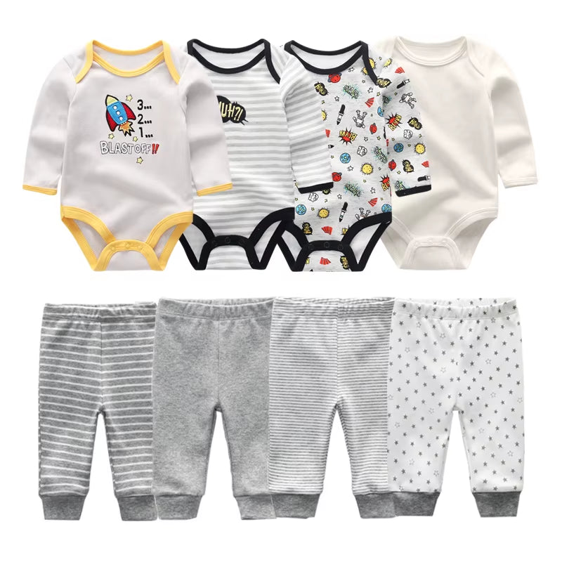 2022 Cotton 6/8PCS Newborn Baby Boy Clothes 0-12M Autumn Bodysuits+Pants Boys Baby Clothing Sets Full Sleeve Baby Girl Clothes