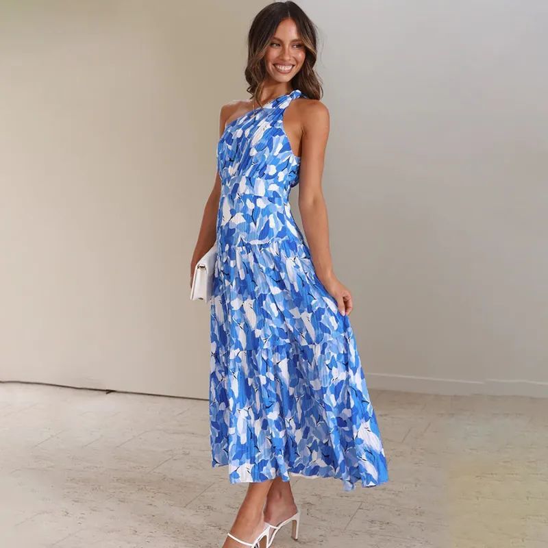 Summer Sloping Shoulder Backless Print Holiday Dress