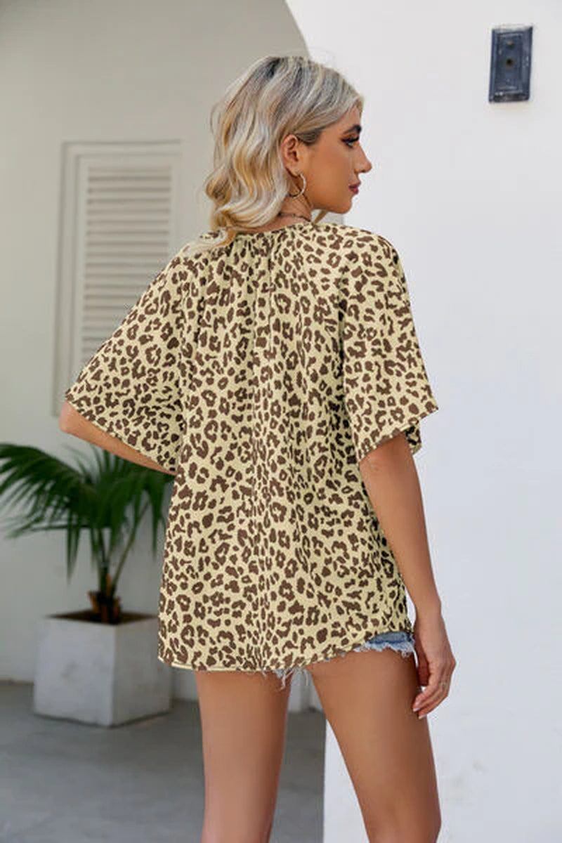 Leopard Notched Half Sleeve Blouse