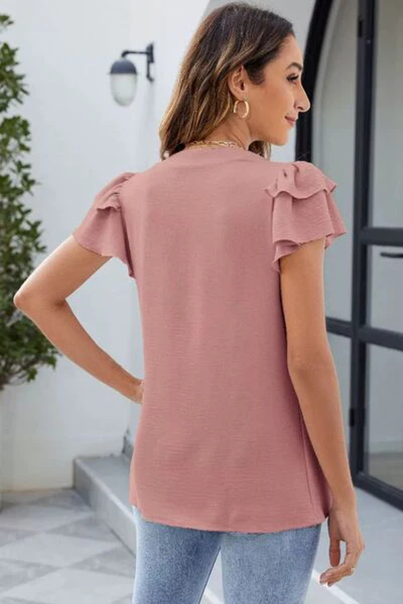 Ruffled Notched Short Sleeve Blouse