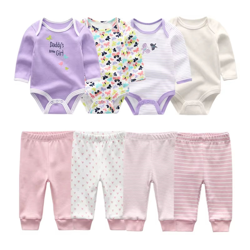 2022 Cotton 6/8PCS Newborn Baby Boy Clothes 0-12M Autumn Bodysuits+Pants Boys Baby Clothing Sets Full Sleeve Baby Girl Clothes