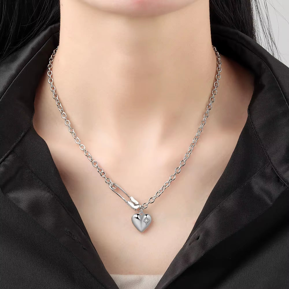 Silver Color Necklace for Women Clip Heart Shape O Chain Chocker Chirstamas Gift Fashion Trendy Fine Jelwery