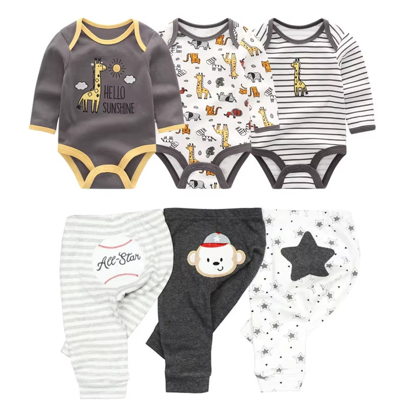 2022 Cotton 6/8PCS Newborn Baby Boy Clothes 0-12M Autumn Bodysuits+Pants Boys Baby Clothing Sets Full Sleeve Baby Girl Clothes