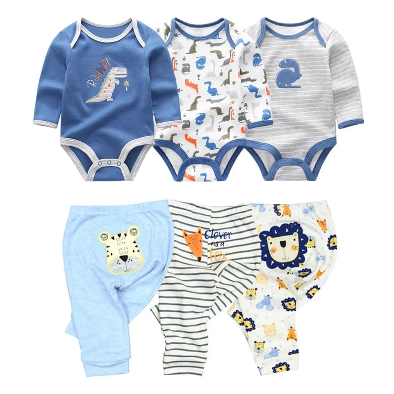 2022 Cotton 6/8PCS Newborn Baby Boy Clothes 0-12M Autumn Bodysuits+Pants Boys Baby Clothing Sets Full Sleeve Baby Girl Clothes