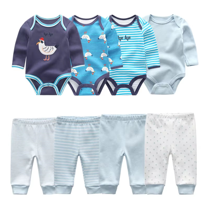 2022 Cotton 6/8PCS Newborn Baby Boy Clothes 0-12M Autumn Bodysuits+Pants Boys Baby Clothing Sets Full Sleeve Baby Girl Clothes