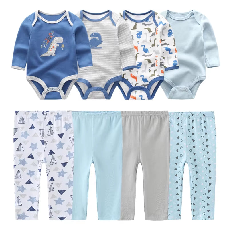 2022 Cotton 6/8PCS Newborn Baby Boy Clothes 0-12M Autumn Bodysuits+Pants Boys Baby Clothing Sets Full Sleeve Baby Girl Clothes