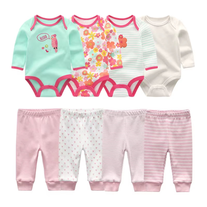 2022 Cotton 6/8PCS Newborn Baby Boy Clothes 0-12M Autumn Bodysuits+Pants Boys Baby Clothing Sets Full Sleeve Baby Girl Clothes