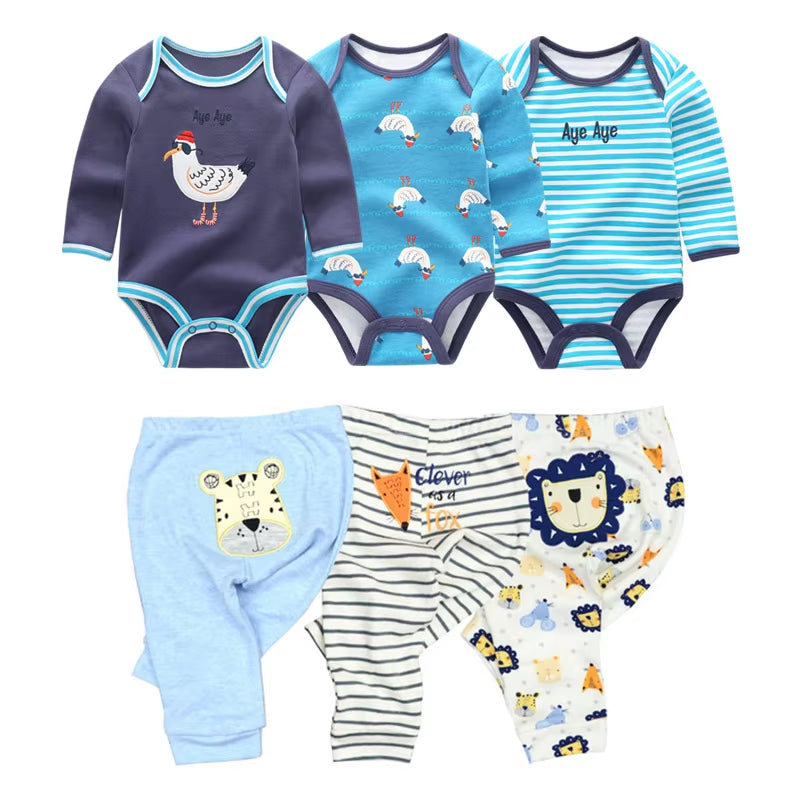 2022 Cotton 6/8PCS Newborn Baby Boy Clothes 0-12M Autumn Bodysuits+Pants Boys Baby Clothing Sets Full Sleeve Baby Girl Clothes