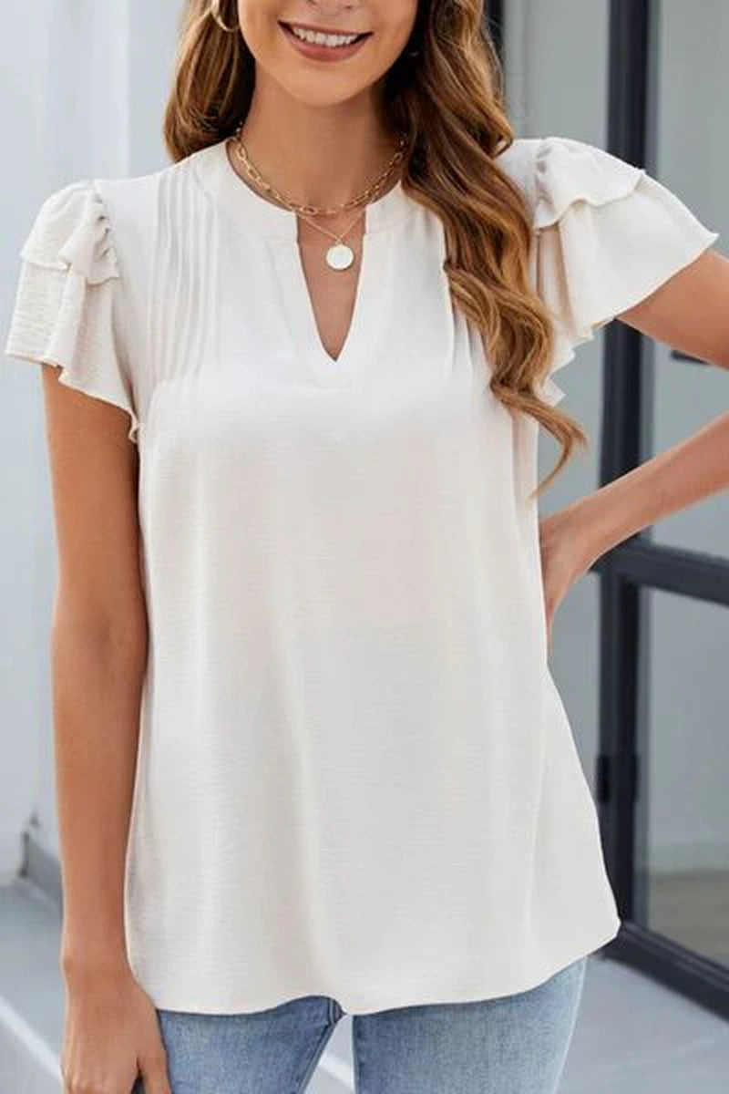 Ruffled Notched Short Sleeve Blouse