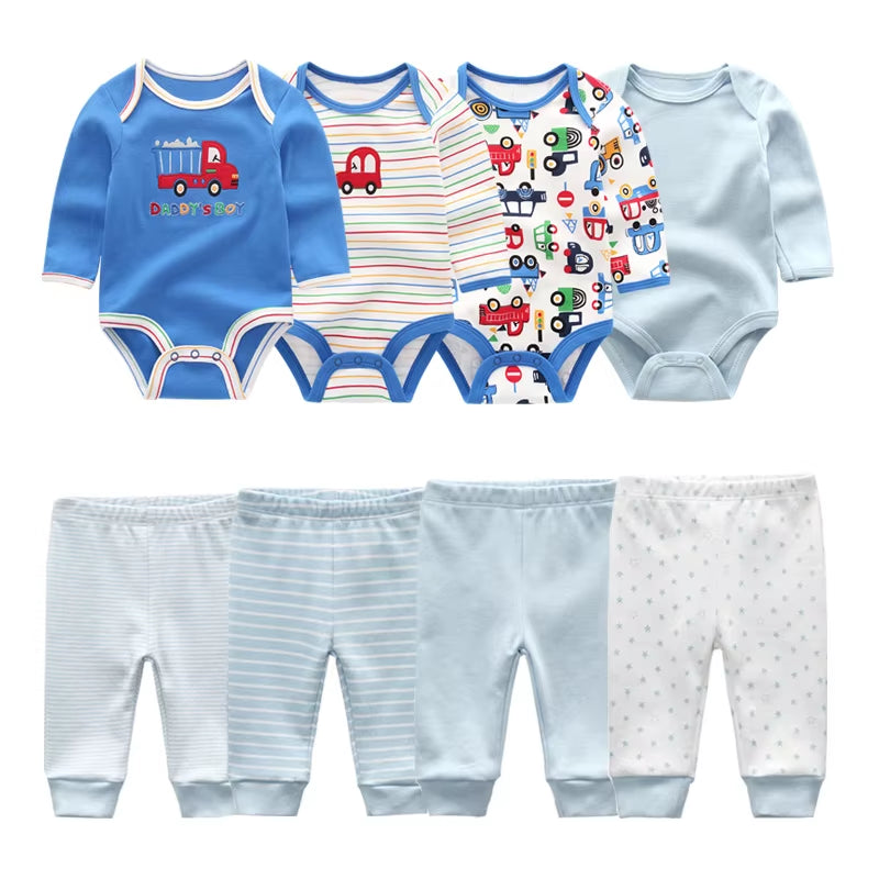 2022 Cotton 6/8PCS Newborn Baby Boy Clothes 0-12M Autumn Bodysuits+Pants Boys Baby Clothing Sets Full Sleeve Baby Girl Clothes