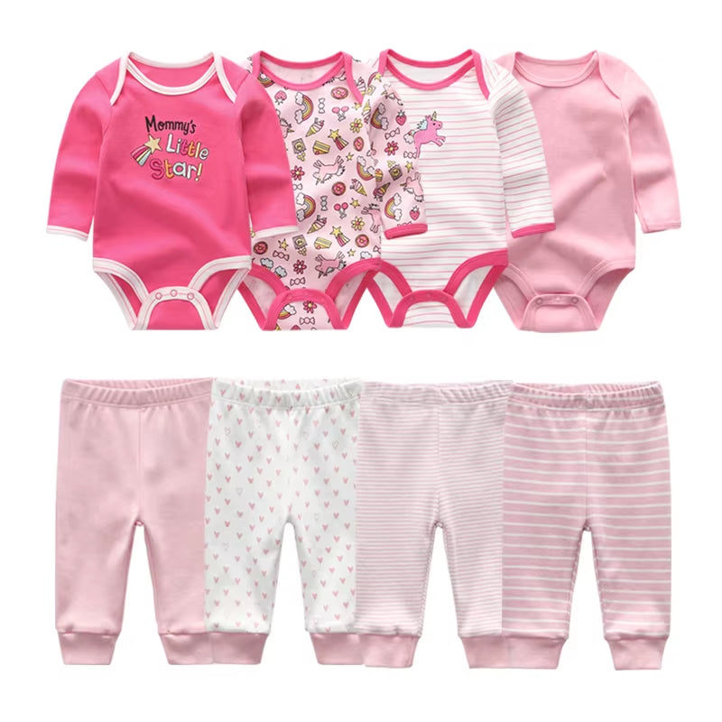 2022 Cotton 6/8PCS Newborn Baby Boy Clothes 0-12M Autumn Bodysuits+Pants Boys Baby Clothing Sets Full Sleeve Baby Girl Clothes