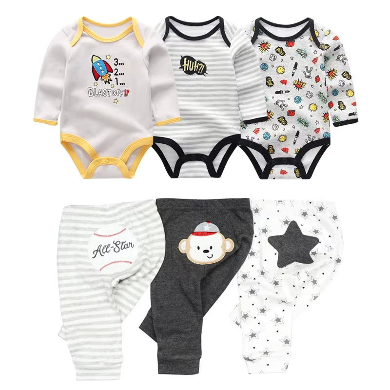 2022 Cotton 6/8PCS Newborn Baby Boy Clothes 0-12M Autumn Bodysuits+Pants Boys Baby Clothing Sets Full Sleeve Baby Girl Clothes