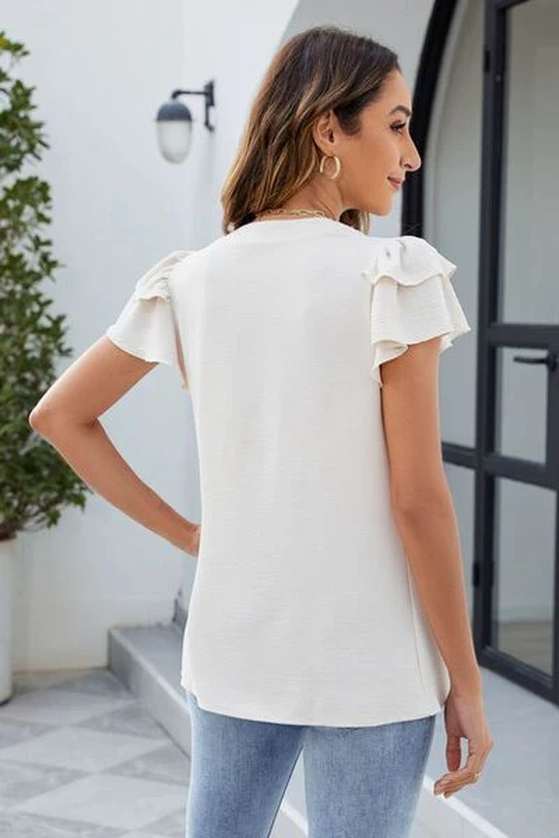 Ruffled Notched Short Sleeve Blouse