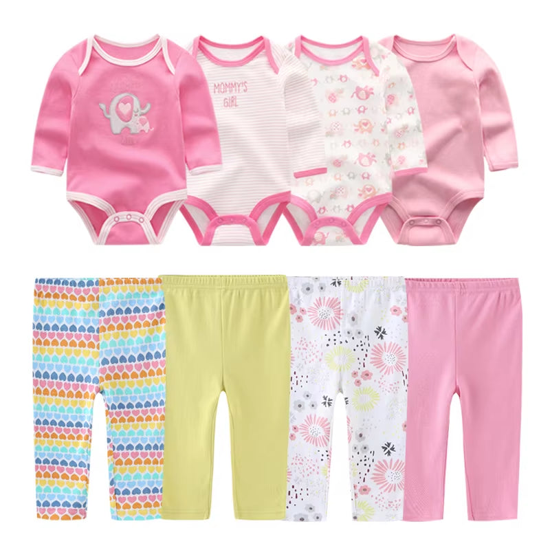 2022 Cotton 6/8PCS Newborn Baby Boy Clothes 0-12M Autumn Bodysuits+Pants Boys Baby Clothing Sets Full Sleeve Baby Girl Clothes